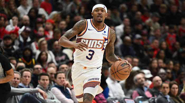 Phoenix Suns guard Bradley Beal dribbles the ball during a game against the Chicago Bulls on Nov. 8, 2023.